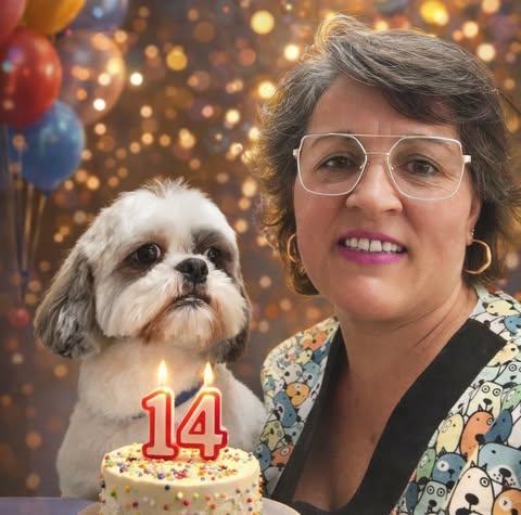 Isa celebrando 14 años de Coquettos con una mascota